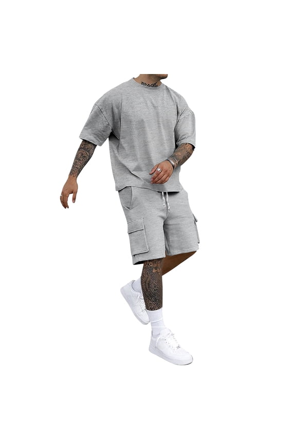 Mens Short Sets 2 Piece Outfits - Casual Summer Short Sleeve Sweatsuits Sets for Men with Cargo Pocket
