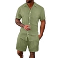 thumbnail image 1 of Clossjun Mens Short Sets 2 Piece Summer Outfits Jacquard Short Sleeve Button Down Shirt and Shorts Set, 1 of 4
