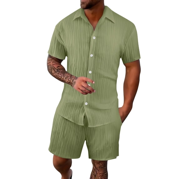 Clossjun Mens Short Sets 2 Piece Summer Outfits Jacquard Short Sleeve Button Down Shirt and Shorts Set