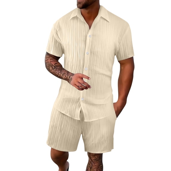 Clossjun Mens Short Sets 2 Piece Summer Outfits Jacquard Short Sleeve Button Down Shirt and Shorts Set