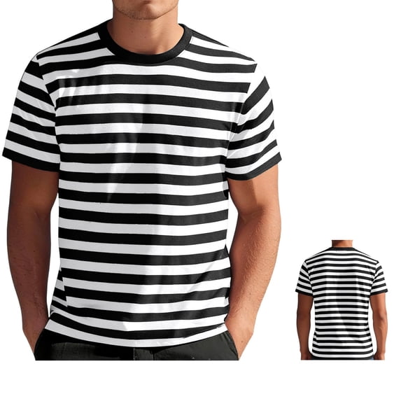 Clossjun Mens Striped T-Shirt Casual Short Sleeve Daily Wear Shirts Crew Neck Fashion Daily Wear Blouses For Work Out Business Gym Black M