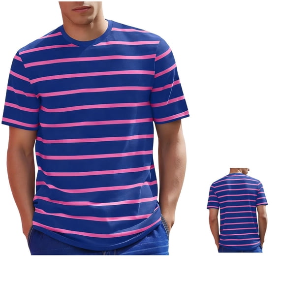 Clossjun Mens Striped T-Shirt Casual Short Sleeve Daily Wear Shirts Crew Neck Fashion Daily Wear Blouses For Work Out Business Gym Purple 2XL