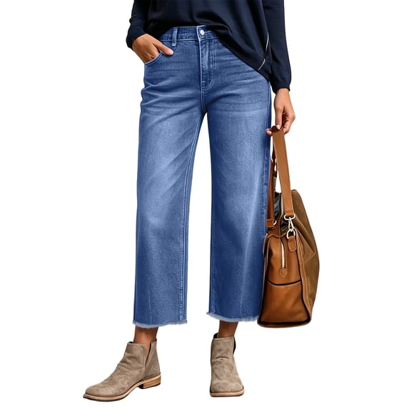 Clossjun Mid Rise Straight Leg Jeans for Women Casual Wash Seam Detail Denim Pants