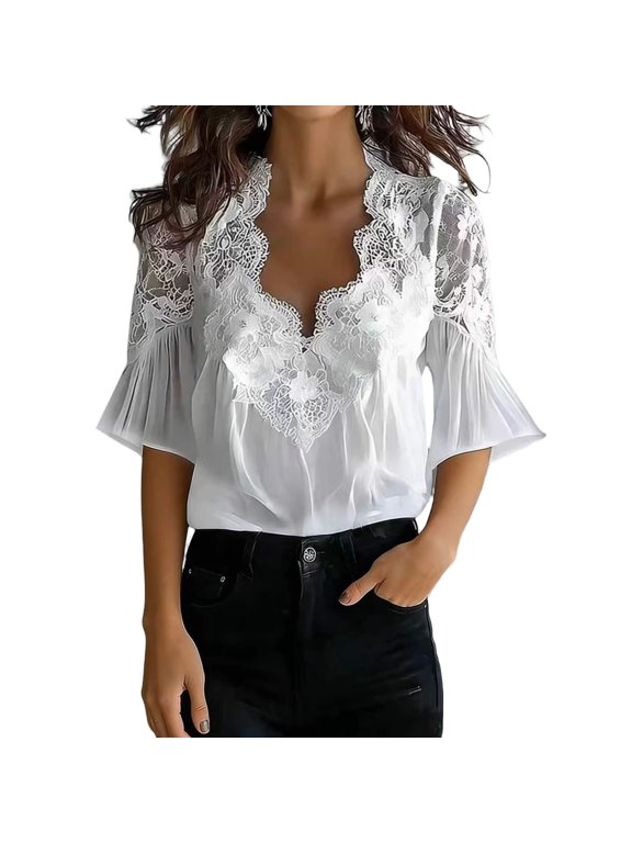 Puff Sleeve Top for Women Sheer Lace Shirts Patchwork Deep V Neck Tops Elegant Boho Short Sleeve Blouses Trendy