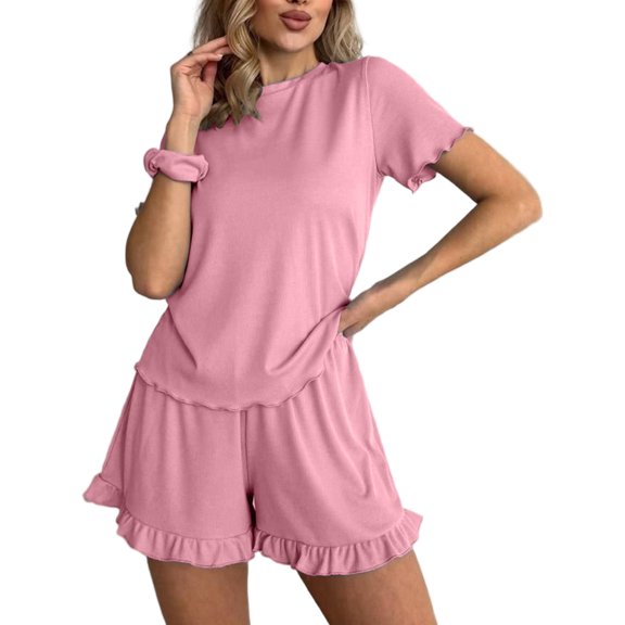 Clossjun Ribbed Knit Lounge Sets Summer Short Sleeve Pajama Set Soft Sets Ruffle Pjs Loungewear with Pockets