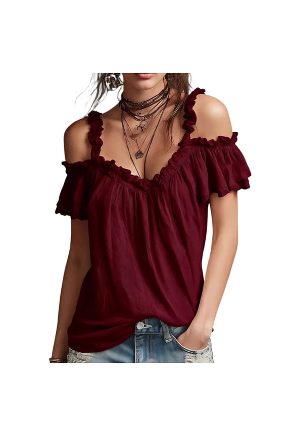 Ruffle Ruched Cold Shoulder V Neck Top Backless Short Sleeve Shirts for Women Chiffon Tops for Women