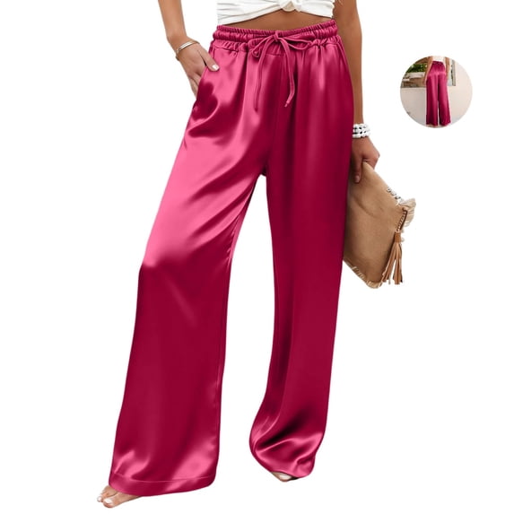 Clossjun Satin Wide Leg Pants for Women Elastic Drawstring Waist Casual Trousers With Pockets for Work Out Party 2XL