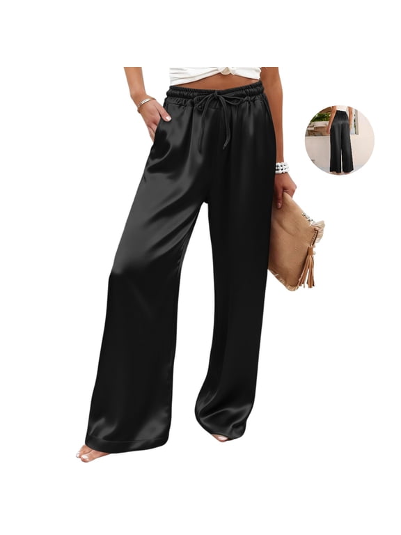 Satin Wide Leg Pants for Women Elastic Drawstring Waist Casual Trousers With Pockets for Work Out Party XL