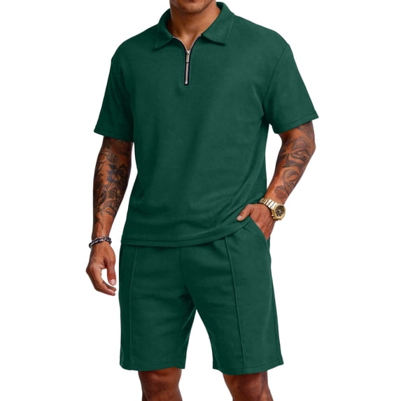 Clossjun Short Sets 2 Piece Outfits Polo Shirt for Men and Shorts Fashion Tracksuits Casual 1/4 Zip Summer