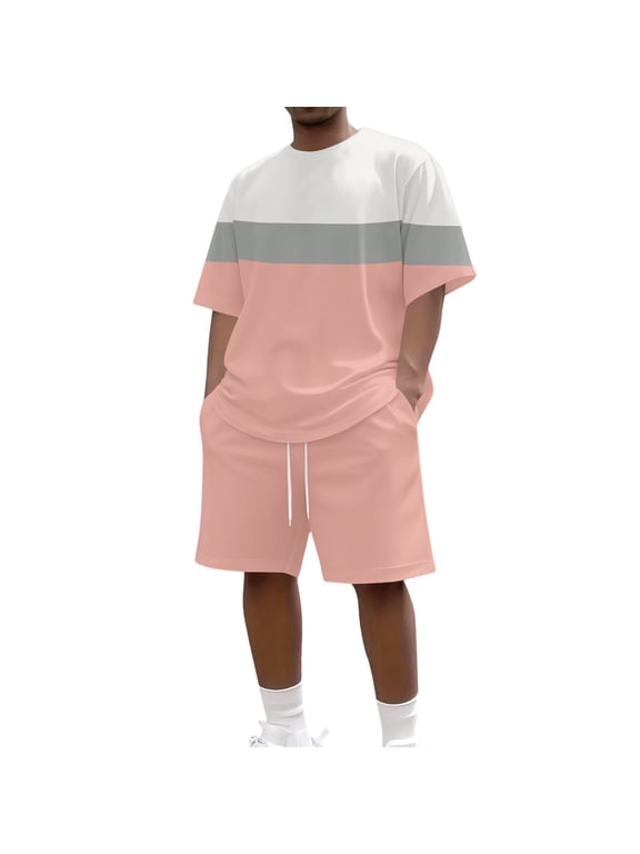 Short Sets for Men, Men's 2 Piece Color Block Outfits, Summer T-Shirt and Shorts Set, Casual Workout Tracksuits