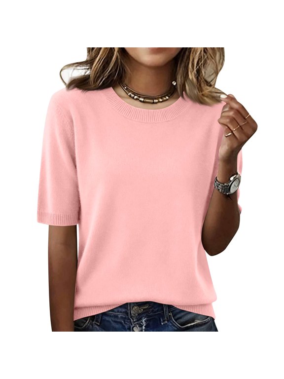 Short Sleeve Tops for Women Summer Basic Knit Crew Neck T Shirts Loose Fit Dressy Casual Lightweight Work Blouse