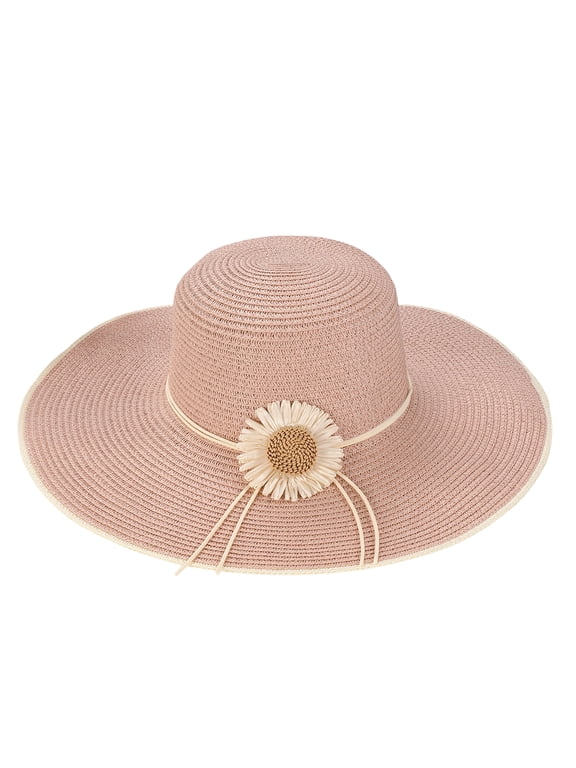 Solid Straw Wide-Brim hat with Daisy Decor, UV-Protective, Lightweight for Trips.