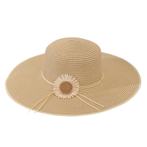 Clossjun Solid Straw Wide-Brim hat with Daisy Decor, UV-Protective, Lightweight for Trips.