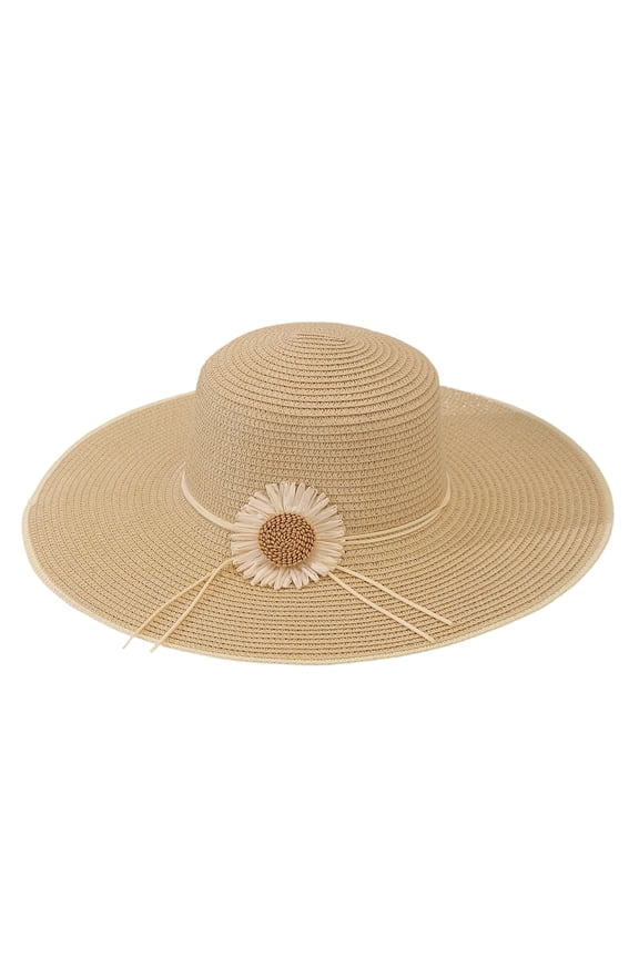 Solid Straw Wide-Brim hat with Daisy Decor, UV-Protective, Lightweight for Trips.