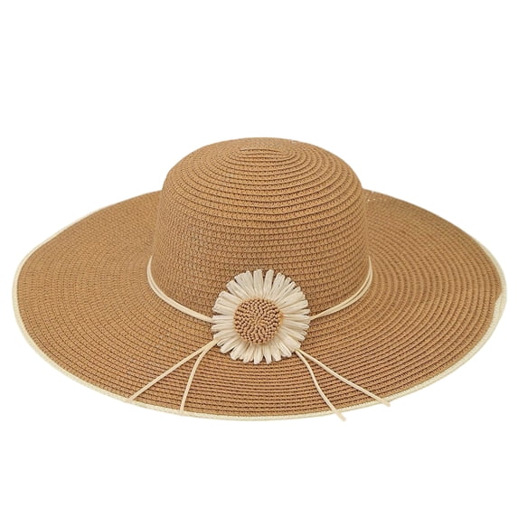 Clossjun Solid Straw Wide-Brim hat with Daisy Decor, UV-Protective, Lightweight for Trips.