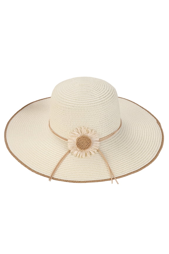 Solid Straw Wide-Brim hat with Daisy Decor, UV-Protective, Lightweight for Trips.