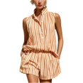 thumbnail image 1 of Clossjun Striped Two Piece Set for Women Spring Summer Casual V Neck Button Sleeveless Top Elastic Waist Shorts Sets, 1 of 7
