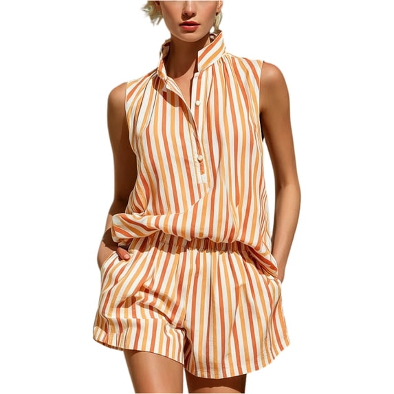Clossjun Striped Two Piece Set for Women Spring Summer Casual V Neck Button Sleeveless Top Elastic Waist Shorts Sets