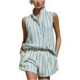 thumbnail image 1 of Clossjun Striped Two Piece Set for Women Spring Summer Casual V Neck Button Sleeveless Top Elastic Waist Shorts Sets, 1 of 4
