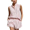 thumbnail image 1 of Clossjun Striped Two Piece Set for Women Spring Summer Casual V Neck Button Sleeveless Top Elastic Waist Shorts Sets, 1 of 7