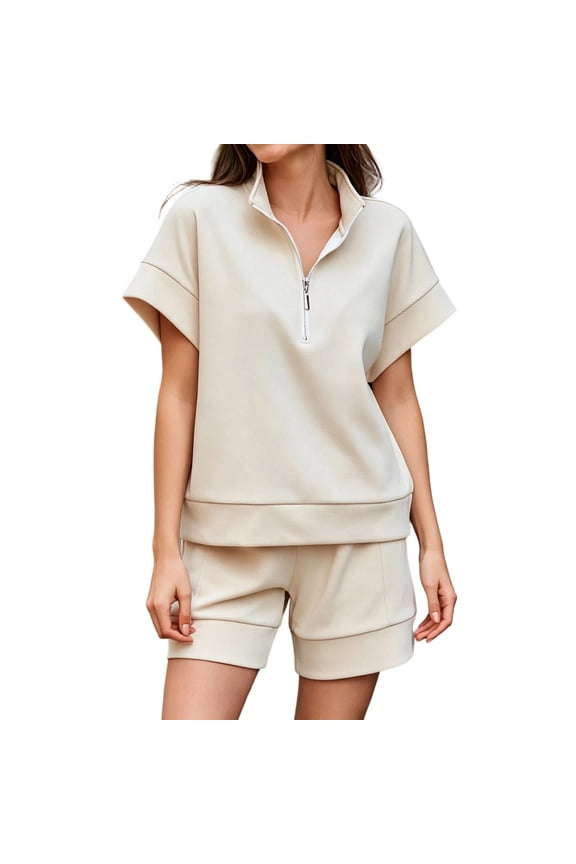 Sweatsuits 2 Piece Short Set Womens Lounge Sweat Set Oversized Half Zip Tops and Shorts Airport Travel Outfit
