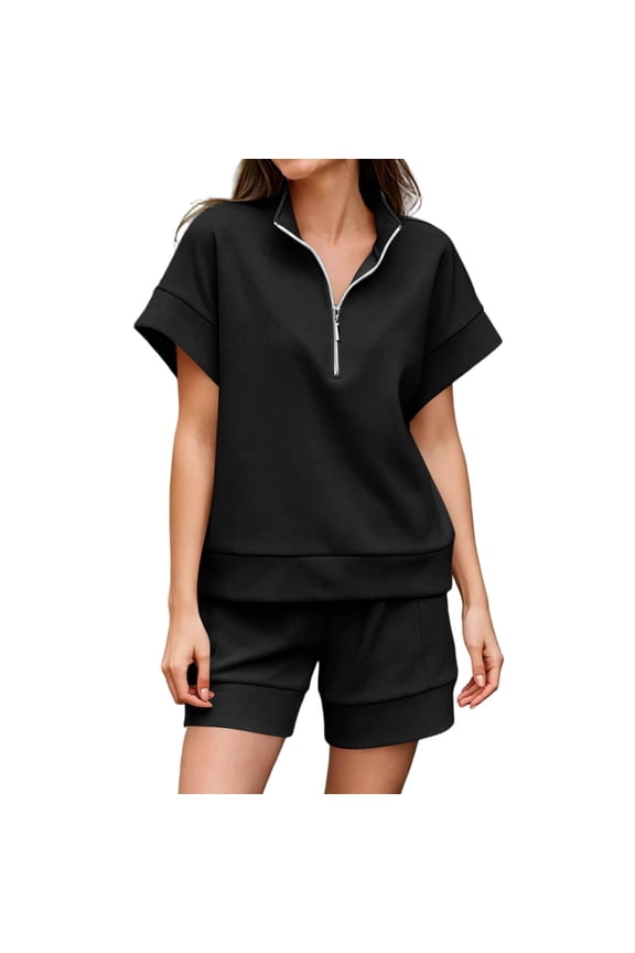 Sweatsuits 2 Piece Short Set Womens Lounge Sweat Set Oversized Half Zip Tops and Shorts Airport Travel Outfit