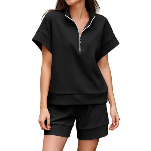 Clossjun Sweatsuits 2 Piece Short Set Womens Lounge Sweat Set Oversized Half Zip Tops and Shorts Airport Travel Outfit