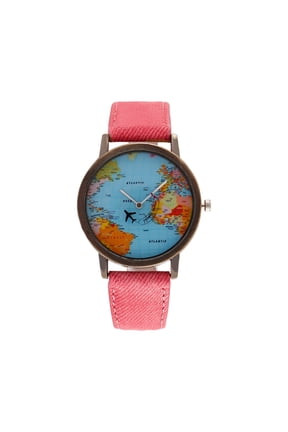 Unisex Retro Bronze Case Global Travel by Plane World Map PU Leather Band Quartz Watch