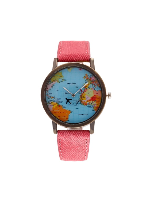 Unisex Retro Bronze Case Global Travel by Plane World Map PU Leather Band Quartz Watch