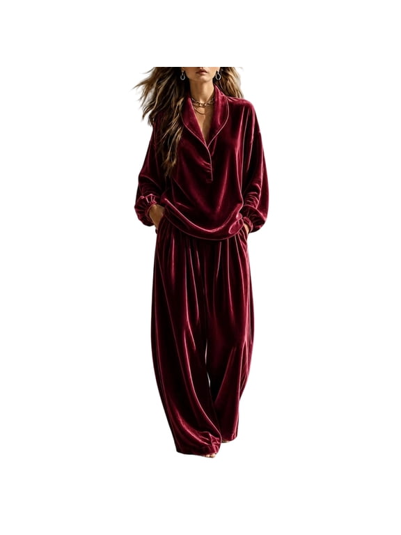 Velour Lounge Sets for Women V Neck Long Sleeve Top & Wide Leg Pant Outfits 2 Piece Casual Cozy Sweater Suits for Teacher L