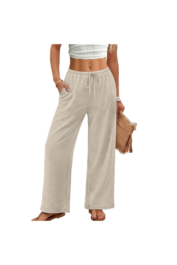 Wide Leg Pants for Women Flowy Palazzo Drawstring Elastic Waist Trousers with Pockets Summer Beach Vacation Clothes