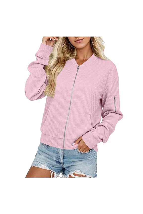 Women Bomber Coat Zip Up Long Sleeve Waffle Jackets Casual Comfy Loose Lightweight Coat with Pockets