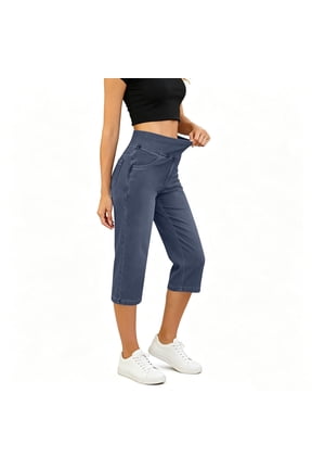 Women Elastic Waist Capri Jeans Denim Pants Casual Summer High Waist Pull On Cropped Stretch Jean with Pockets