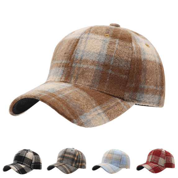 Clossjun Women Men Stylish Plaid Baseball Cap Fall Winter Warm Classic Hat Soft Casual Dad Hat for Outdoor Sport Khaki