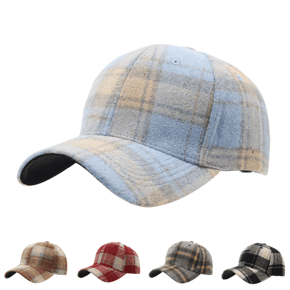 Clossjun Women Men Stylish Plaid Baseball Cap Fall Winter Warm Classic Hat Soft Casual Dad Hat for Outdoor Sport Light Blue