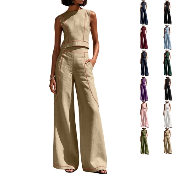 Clossjun Women's 2 Piece Casual Lounge Sets Sleeveless Tops & Wide-Leg Pants Sets Fall Wear Fashion Outfit Sets L