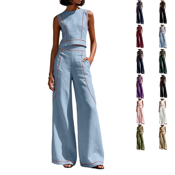 Clossjun Women's 2 Piece Casual Lounge Sets Sleeveless Tops & Wide-Leg Pants Sets Fall Wear Fashion Outfit Sets XL