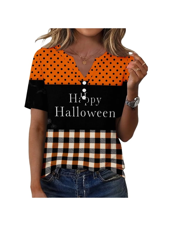 Women's Halloween Shirt Gothic Print Tops Henley V Neck Short Sleeve Casual fall Tee