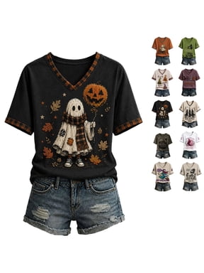 Women's Halloween T-Shirts Fall Casual Cute Tops Black Cat Pumpkin Print Patchwork V-Neck Blouses L