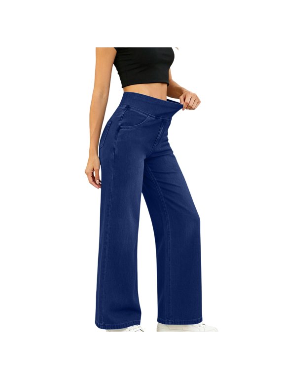 Women’s High Waisted Wide Leg Bootcut Jeans Trendy Stretchy Flare Jeans Pull On Casual Loose Denim Pants