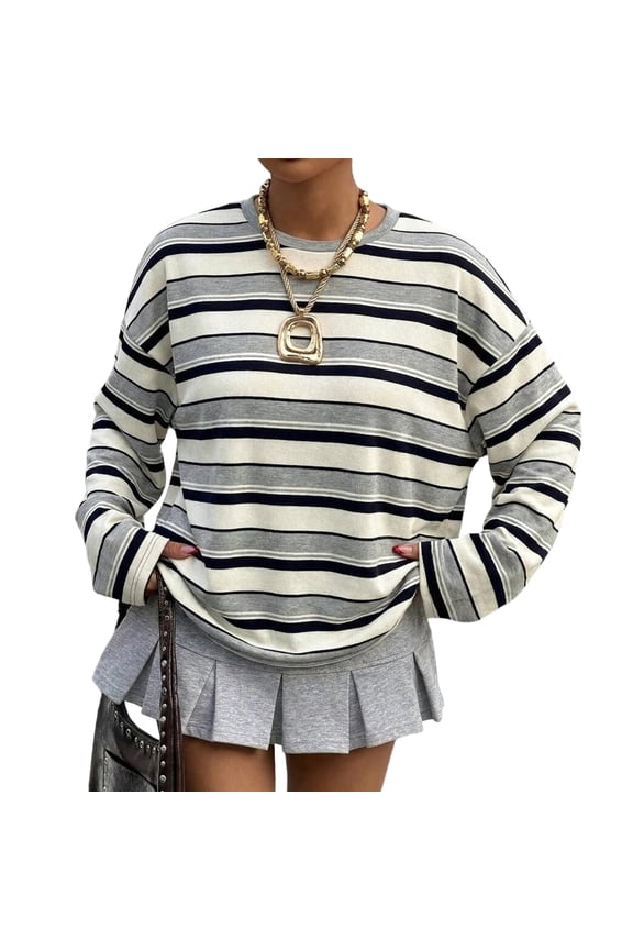 Women's Striped Long Sleeve Shirt Y2k Oversized Crew Neck Drop Shoulder Tee Preppy Top