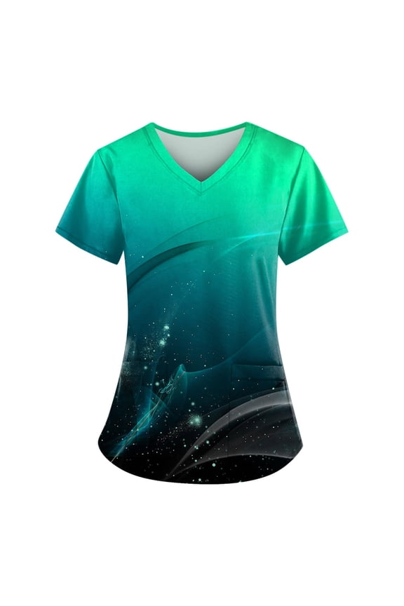 Women's Top Deep V Neck Slim Fitted T-Shirt Short Sleeve Tee Printed Scrub Tops Nursing Uniforms Shirts with Pockets