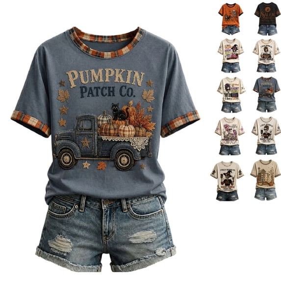 Clossjun Women's Vintage Halloween Shirts Skeleton Print Short Sleeve Fall Wear T-Shirts for Party Streetwear 2XL