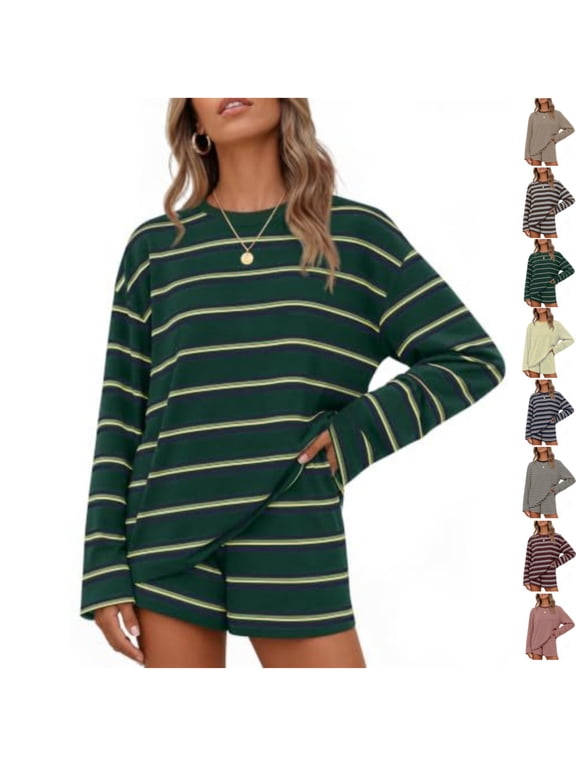 Womens 2 Piece Striped Print Sets Casual Fashion Lounge Sets Long Sleeve Crew Neck Tops & Wide-Leg Shorts Outfit Sets 2XL