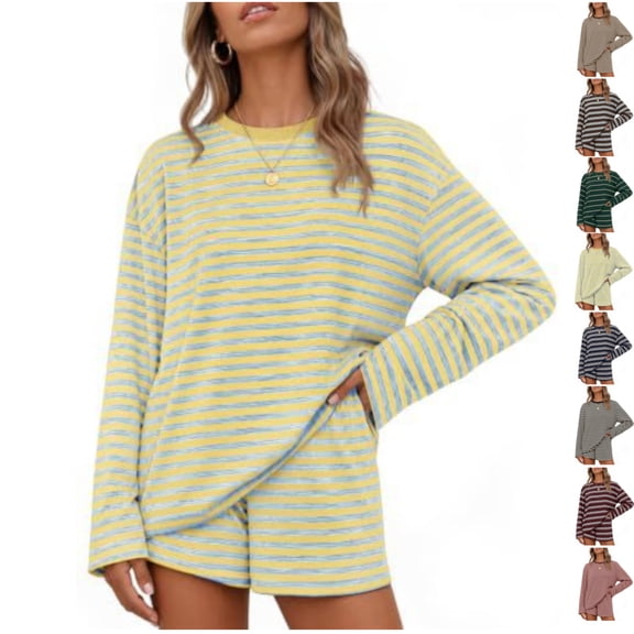 Clossjun Womens 2 Piece Striped Print Sets Casual Fashion Lounge Sets Long Sleeve Crew Neck Tops & Wide-Leg Shorts Outfit Sets L