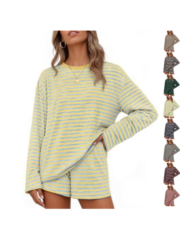 Womens 2 Piece Striped Print Sets Casual Fashion Lounge Sets Long Sleeve Crew Neck Tops & Wide-Leg Shorts Outfit Sets L