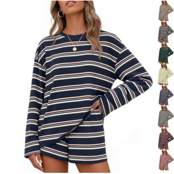 Clossjun Womens 2 Piece Striped Print Sets Casual Fashion Lounge Sets Long Sleeve Crew Neck Tops & Wide-Leg Shorts Outfit Sets S