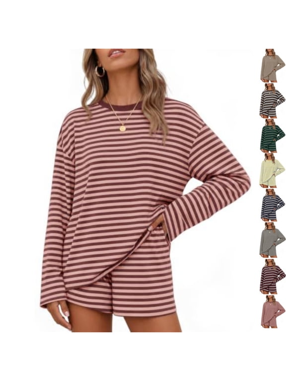 Womens 2 Piece Striped Print Sets Casual Fashion Lounge Sets Long Sleeve Crew Neck Tops & Wide-Leg Shorts Outfit Sets S