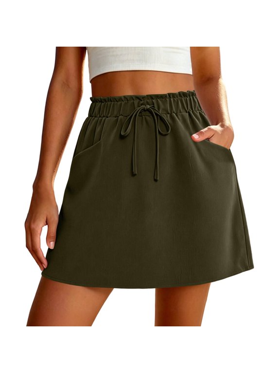 Womens Casual Drawstring Mini Skirt, Elastic Waist Versatile Summer A-Line Skirt with Pockets Daily Wear Skirts