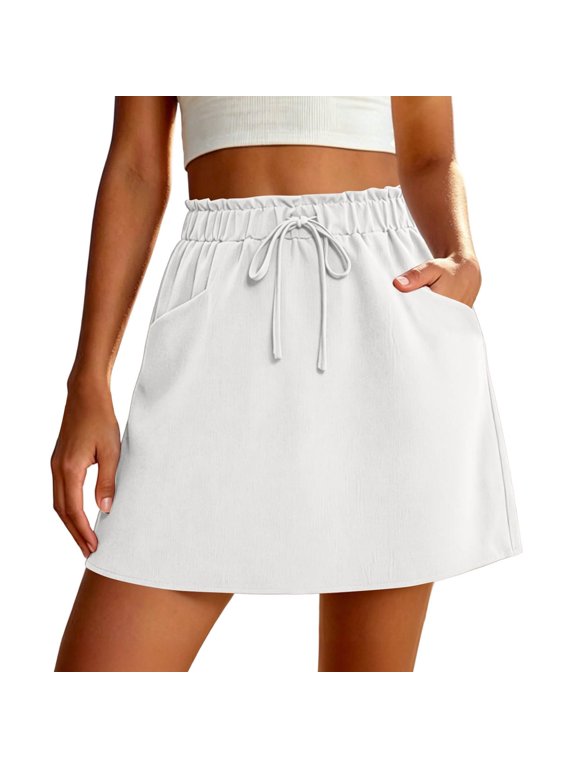 Womens Casual Drawstring Mini Skirt, Elastic Waist Versatile Summer A-Line Skirt with Pockets Daily Wear Skirts